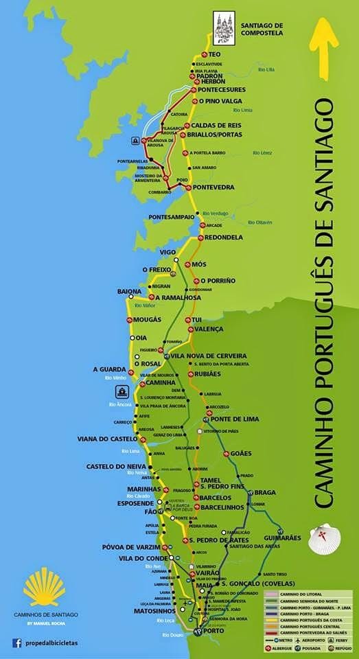 Português camino costeiras mapa de rotas