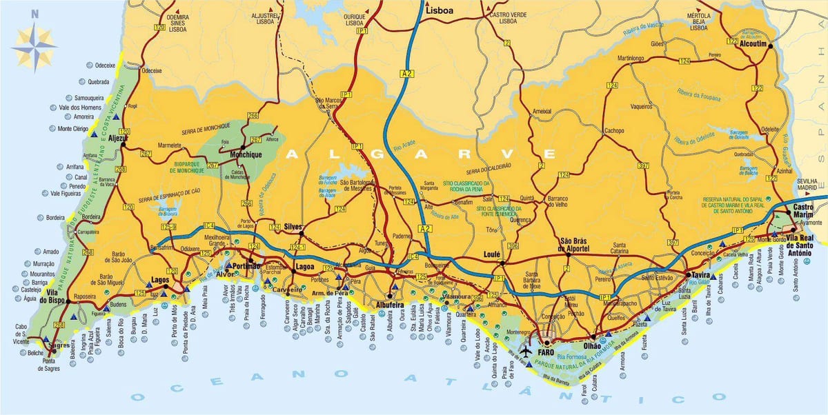 mapa da região do algarve, em Portugal