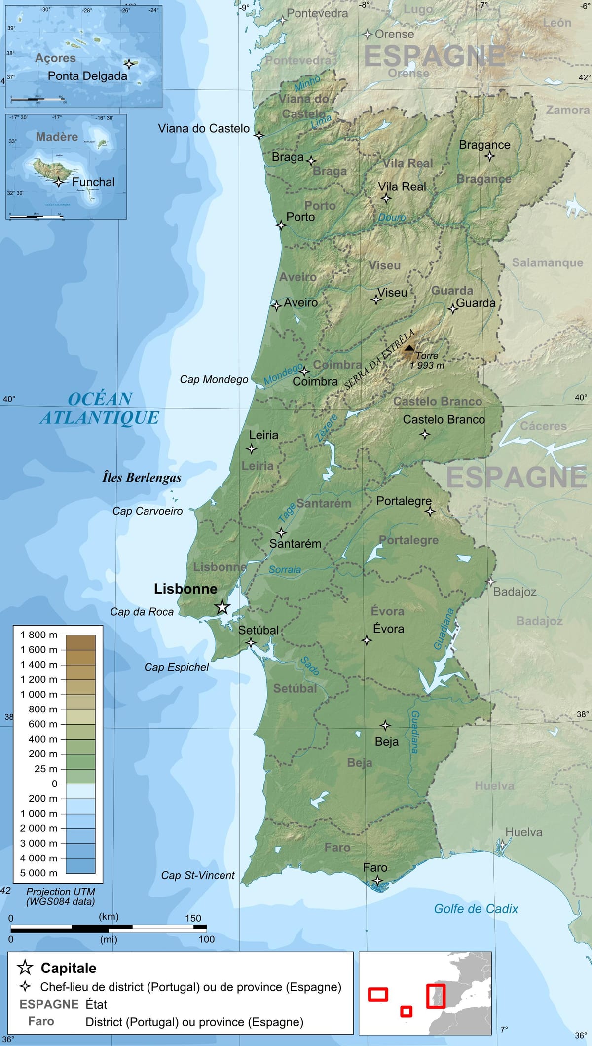 mapa topográfico de Portugal