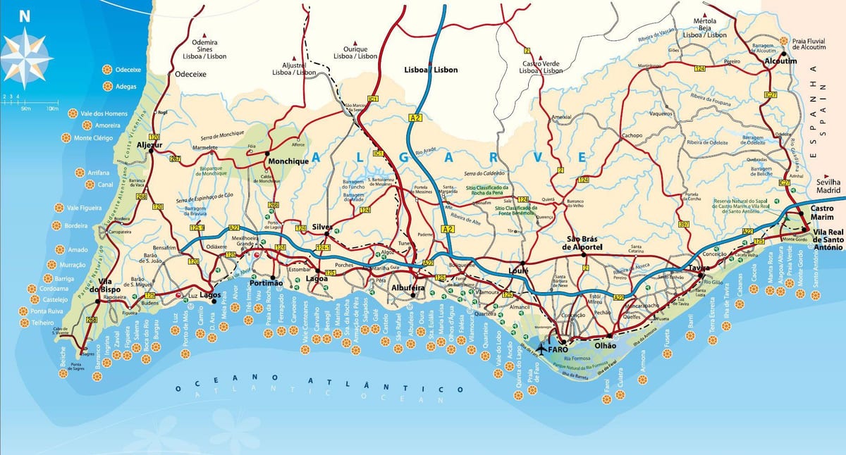 mapa do sul de Portugal