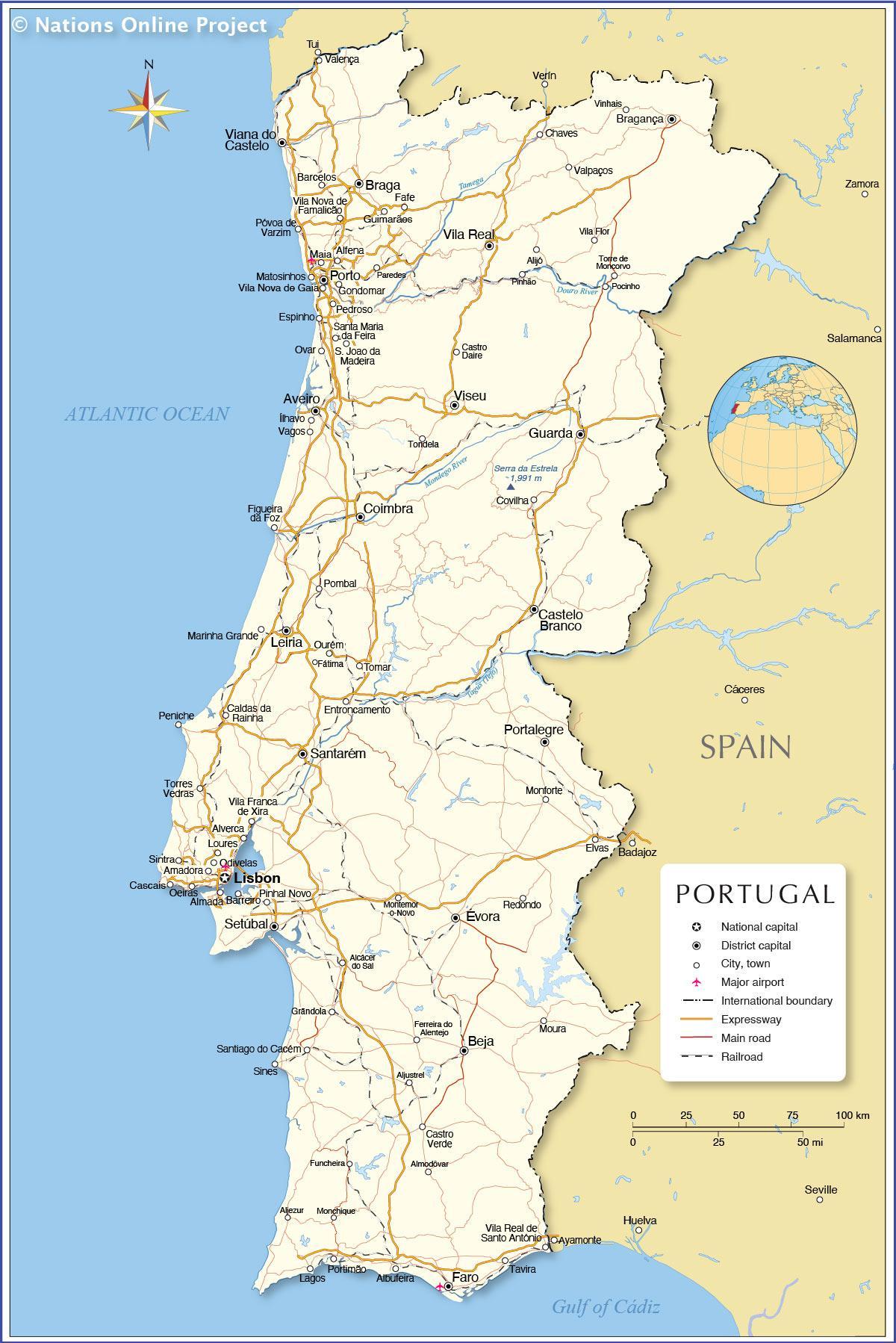 Mapa do sudoeste da europa com fronteiras dos países da península ibérica