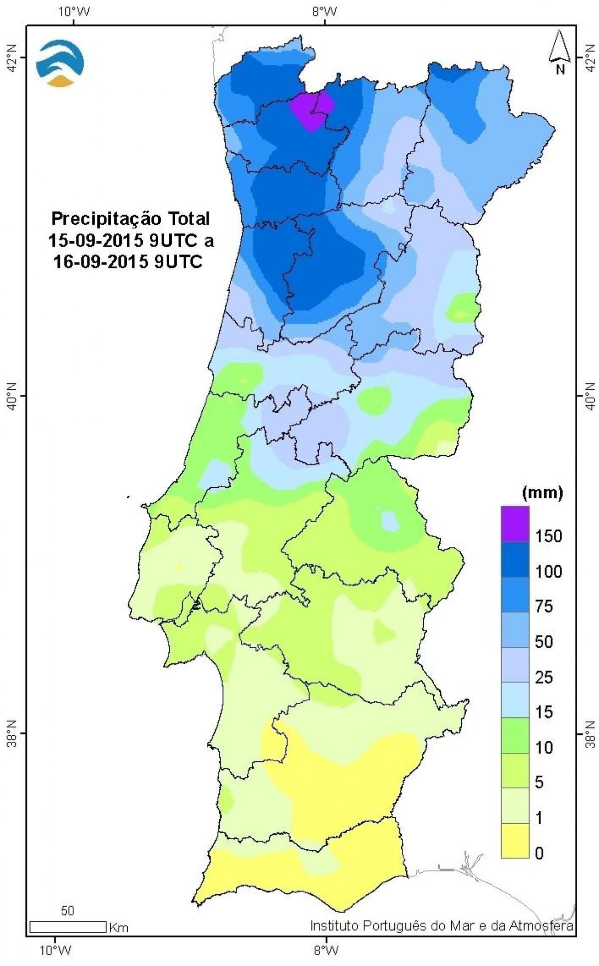 mapa de Portugal de chuva