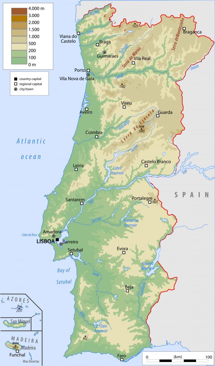 física mapa de Portugal