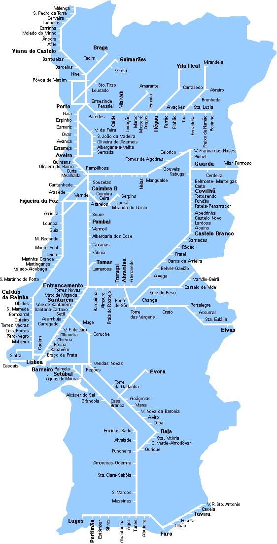 mapa ferroviário de Portugal