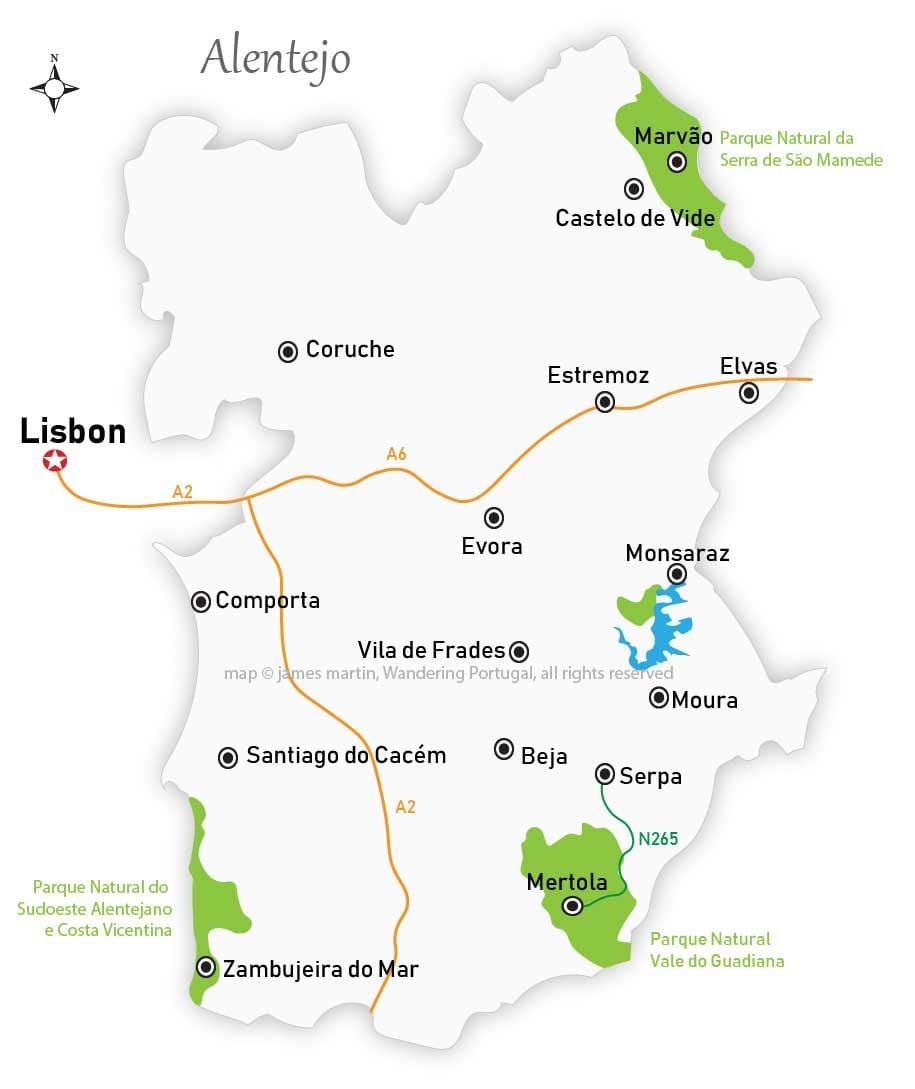 mapa da região do Alentejo, Portugal